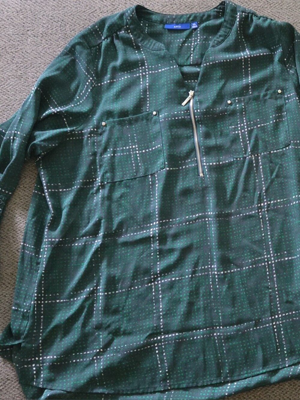 Apt. 9 Dark Green Plaid Zip-Neck Casual Shirt
